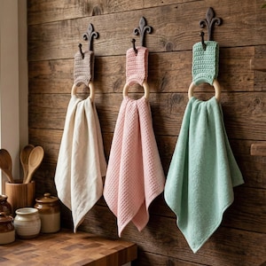 May include: Three decorative towel holders with towels hanging on a wooden wall. The towels are cream, pink, and mint green. Each towel is held by a wooden ring and a decorative metal hook.