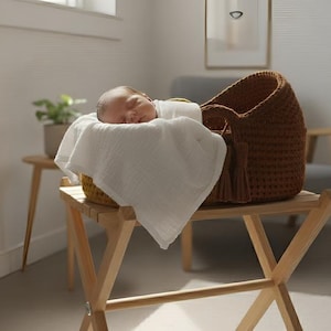 Könnte beinhalten: Ein schlafendes Baby liegt in einer gewebten braunen Babywiege, ausgekleidet mit einer weißen Decke. Die Babywiege steht auf einem hellen Holzständer. Die Szene ist von weichem, natürlichem Licht durchflutet und schafft eine friedliche Atmosphäre. Eine kleine Pflanze ist im Hintergrund zu sehen.