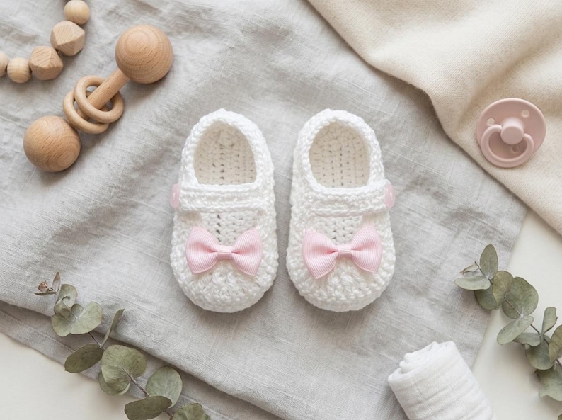 Op de afbeelding: Een paar witte gehaakte babyslofjes met roze strikken en knoopsluitingen. De slofjes worden gepresenteerd op een grijze stoffen ondergrond, samen met een houten rammelaar en een fopspeen, wat duidt op een babymotief.