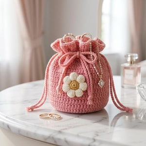 May include: A pink crocheted drawstring pouch with a white and yellow daisy applique. The pouch is filled with jewelry, including rings and a necklace. The pouch is sitting on a marble surface.