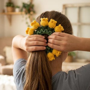 Patrón de coletero de tulipán a crochet, PDF para principiantes sobre lazos florales para el cabello