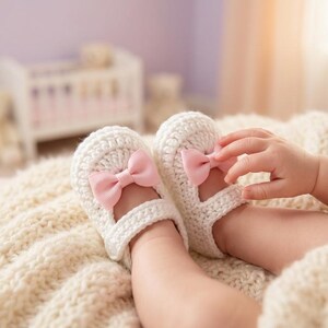 Op de afbeelding: Witte gehaakte babyschoentjes met roze strikken op een cr&egrave;mekleurige gebreide deken. Een babyhandje reikt naar een strik. De achtergrond toont een wieg en knuffels. Een schattig babyaccessoire.