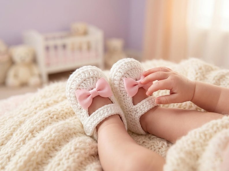 Op de afbeelding: Witte gehaakte babyschoentjes met roze strikken op een cr&egrave;mekleurige gebreide deken. Een babyhandje reikt naar een strik. De achtergrond toont een wieg en knuffels. Een schattig babyaccessoire.