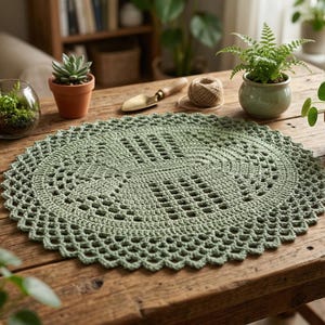 Puede incluir: Un tapete ovalado de ganchillo verde salvia se encuentra sobre una mesa de madera rústica. El tapete presenta un diseño calado con un borde festoneado. Pequeñas plantas en macetas y herramientas de jardinería rodean el tapete, lo que sugiere un tema de decoración del hogar.