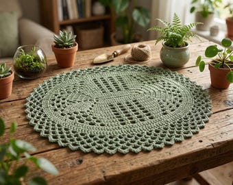 May include: A sage green, oval-shaped, crocheted doily sits on a rustic wooden table. The doily features an openwork design with a scalloped edge. Small potted plants and gardening tools surround the doily, suggesting a home decor theme.