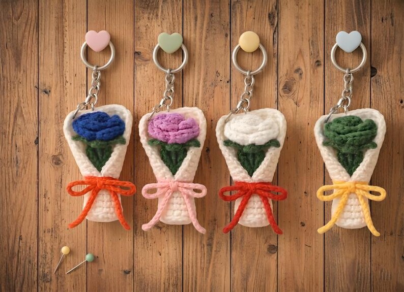 Crochet Flower Bouquet Keychain Pattern, Beginner Rose Bag Charm (PDF Pattern) image 6