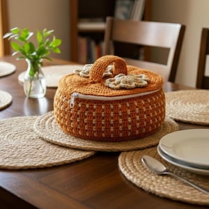 Op de afbeelding: Een ronde, oranje gehaakte mand met een handvat en bloemmotieven staat op een tafel. De mand is omgeven door geweven placemats, borden en bestek. Een vaas met groen staat ook op de tafel.