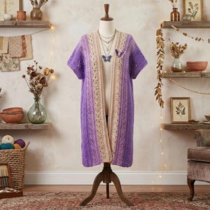 Puede incluir: Un cárdigan largo y abierto en tonos morados y crema, expuesto en un maniquí. La prenda de punto presenta un adorno de mariposa y está rodeada de cestas de hilo, estantes con flores secas y un sillón vintage.