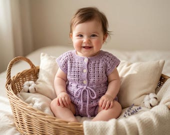 May include: A smiling baby wearing a lavender crochet romper with button closures and a tie waist sits in a wicker basket. The basket is lined with a cream-colored blanket and pillows.