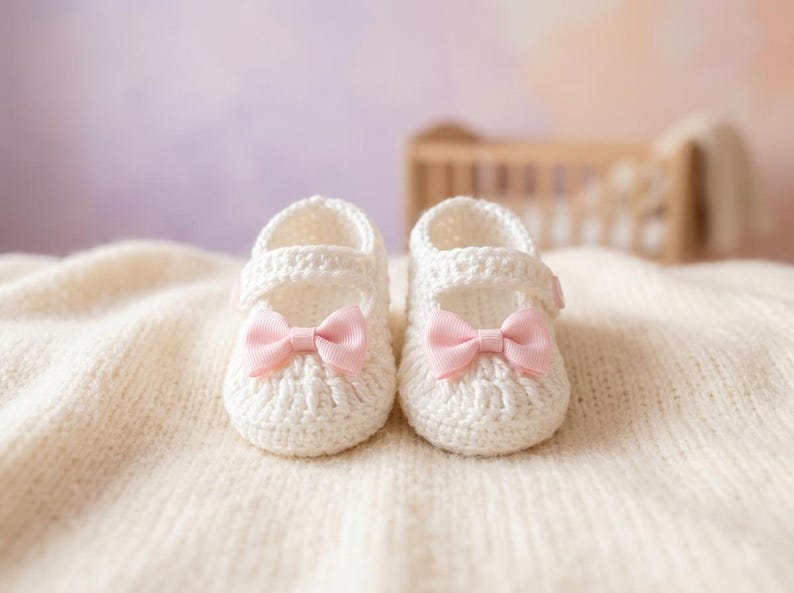 Op de afbeelding: Een paar witte gehaakte babyschoentjes met roze strikjes. Ze liggen op een cr&egrave;mekleurige gebreide deken. Op de achtergrond is een wieg te zien. Een schattig cadeau voor een pasgeboren baby.