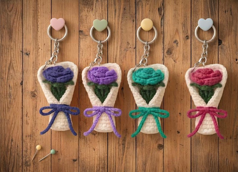 Crochet Flower Bouquet Keychain Pattern, Beginner Rose Bag Charm (PDF Pattern) image 5