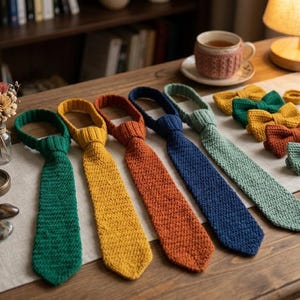 Può includere: Una collezione di cravatte e papillon fatti a mano in vari colori, tra cui verde, giallo, arancione, blu e verde. Le cravatte sono disposte su un tavolo di legno con un runner di colore neutro. Sono inclusi anche papillon e anelli abbinati.