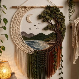 May include: A circular macrame wall hanging featuring a crescent moon shape on the left and a textured tree on the right. The center depicts a landscape with mountains, a lake, and a crescent moon. The bottom has long, multi-colored fringe.