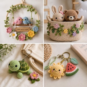 May include: A collection of four handmade crochet items: a circular wall hanging with two birds and a sign reading HOME SWEET HOME, a beige basket with a bunny and bear, a green turtle keychain with a flower, and a keychain with a sun and watermelon.