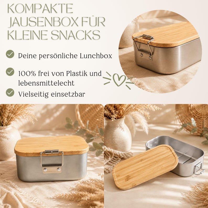 Peut inclure: Une bo&icirc;te &agrave; lunch rectangulaire en acier inoxydable avec un couvercle en bambou, ferm&eacute;e par un fermoir en m&eacute;tal. Le texte sur l'image est en allemand : "KOMPAKTE JAUSENBOX F&Uuml;R KLEINE SNACKS", "Deine pers&ouml;nliche Lunchbox", "100% frei von Plastik und lebensmittelecht", et "Vielseitig einsetzbar".
