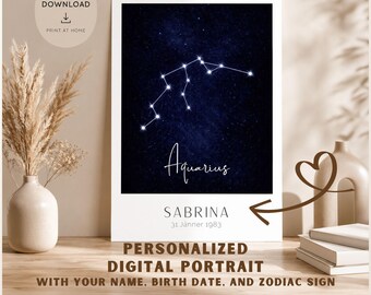 Poster Personalisiertes Sternzeichen Verseau / Wassermann - Impression constellation personnalisée avec nom et date de naissance - Cadeau d'art mural zodiaque