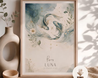 Affiche personnalisée du signe astrologique Poissons | Poster de naissance Poissons personnalisé avec nom et date de naissance | Décoration murale astrologique | Cadeau zodiaque | Fichier numérique