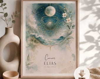 Affiche personnalisée du signe du Cancer | Poster de naissance personnalisé avec nom et date de naissance | Décoration murale astrologique | Cadeau zodiaque | Numérique