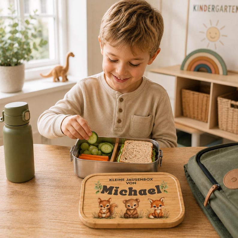 Peut inclure: Une bo&icirc;te &agrave; lunch en acier inoxydable avec un couvercle en bambou orn&eacute; d'un motif d'animaux de la for&ecirc;t et du nom "Michael". La bo&icirc;te contient un sandwich, des tranches de concombre, des raisins et des b&acirc;tonnets de carottes. Une gourde verte est &agrave; gauche.
