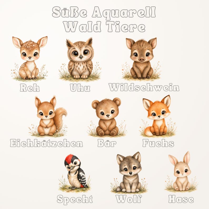 Peut inclure: Illustrations &agrave; l'aquarelle d'adorables animaux de la for&ecirc;t, dont un cerf, un hibou, un &eacute;cureuil, un ours, un renard, un pic, un loup et un lapin. Le texte "Sweet Watercolor Forest Animals" est en haut, avec le nom de chaque animal en dessous.