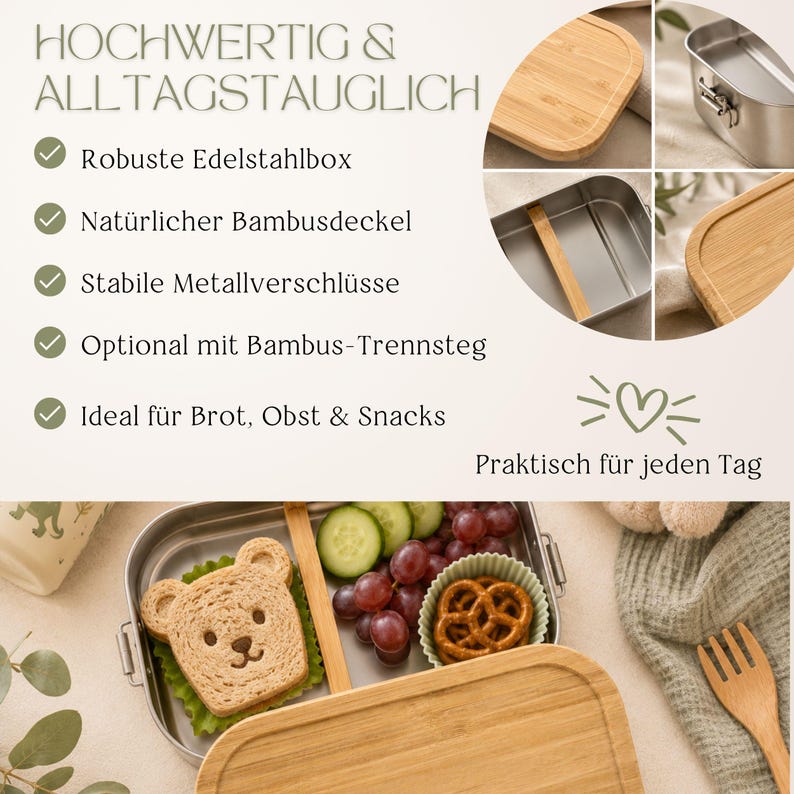 Peut inclure: Une bo&icirc;te &agrave; lunch en acier inoxydable avec un couvercle en bambou, contenant un sandwich en forme d'ours, des raisins, des tranches de concombre et un bretzel. Le texte de l'image indique "HOCHWERTIG & ALLTAGSTAUGLICH" et "Praktisch f&uuml;r jeden Tag."