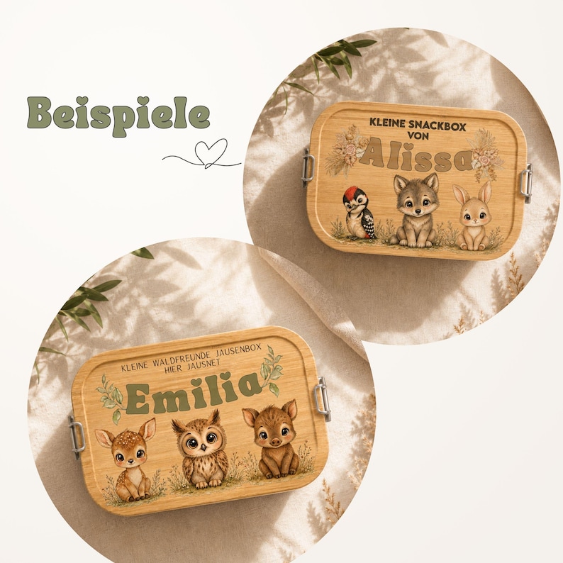 Peut inclure: Bo&icirc;tes &agrave; lunch en bois avec des illustrations d'animaux de la for&ecirc;t et des noms. L'une pr&eacute;sente un pic, un loup et un lapin avec le nom "Alissa". L'autre bo&icirc;te a un cerf, un hibou et un faon avec le nom "Emilia". Le mot "Beispiele" est &eacute;galement visible.