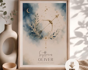 Affiche personnalisée du signe astrologique du Sagittaire | Poster de naissance personnalisé Sagittaire avec nom et date de naissance | Décoration murale astrologique | Cadeau astrologique