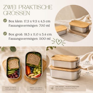 Peut inclure: Bo&icirc;tes &agrave; lunch en acier inoxydable avec couvercles en bambou. L'image montre deux tailles : une petite bo&icirc;te (17,5 x 9,5 x 4,5 cm) et une grande bo&icirc;te (18,5 x 11,0 x 5,4 cm). Les bo&icirc;tes sont remplies de nourriture. Le texte sur l'image indique "ZWEI PRAKTISCHE GR&Ouml;SSEN".