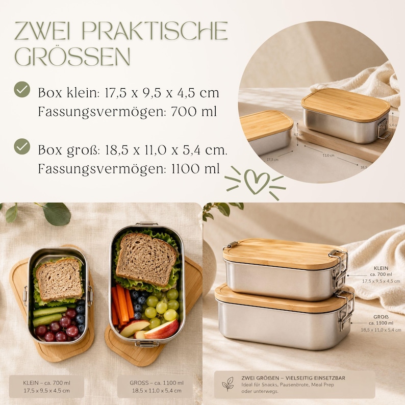 Peut inclure: Bo&icirc;tes &agrave; lunch en acier inoxydable avec couvercles en bambou. L'image montre deux tailles : une petite bo&icirc;te (17,5 x 9,5 x 4,5 cm) et une grande bo&icirc;te (18,5 x 11,0 x 5,4 cm). Les bo&icirc;tes sont remplies de nourriture. Le texte sur l'image indique "ZWEI PRAKTISCHE GR&Ouml;SSEN".