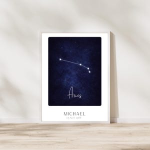 Personalisiertes Poster Widder | Benutzerdefinierte Name & Geburtsdatum | Sternzeichen Konstellation Druck | Astrologie-Geschenk für sie | Minimalistische Wandkunst