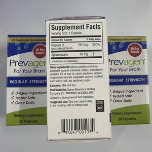 Peut inclure: Trois bo&icirc;tes de compl&eacute;ment alimentaire Prevagen pour la sant&eacute; du cerveau. Les bo&icirc;tes sont blanches et bleues avec les mots "Prevagen For Your Brain" et "Regular Strength". Chaque bo&icirc;te contient 30 g&eacute;lules.