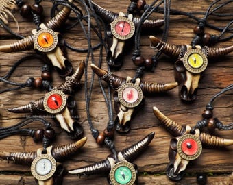 Colar com Pingente de Olho de Crânio de Touro, Pingente de Olho Demoníaco, Colar Tribal com Crânio, Pingente de Crânio com Chifres Gótico, Joias Ocultas, Colar de Bruxa, Joias de Fantasia Sombria
