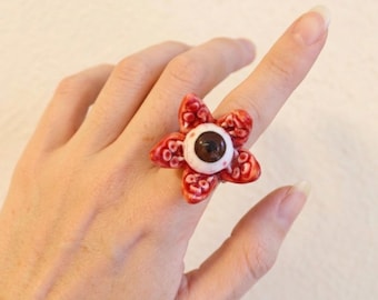 Anel de Olho de Cthulhu com Flor, Anel Gótico de Terror com Olho, Anel Ajustável com Olho, Joia Gótica Assustadora, Anel de Halloween