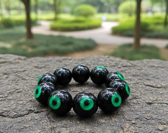 Pulseira de Olho Preto, Pulseira de Contas de Olho Verde Gótico, Joias de Terror, Joias de Olho Assustadoras, Acessório de Halloween, Pulseira de Olho Personalizada