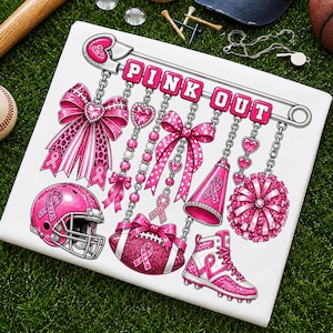 Puede incluir: Un estampado gráfico blanco con un imperdible plateado grande y el texto PINK OUT. De él cuelgan lazos rosas con estampado de leopardo, dijes de corazón, un casco de fútbol americano, un balón, un megáfono, un pompón y una zapatilla deportiva.