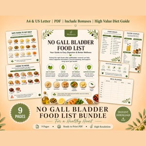 May include: A nine-page digital bundle titled No Gall Bladder Food List, featuring dietary guides, food swap charts, pantry staples, and a meal planner. The documents include illustrations of food items, olive branches, and text in a cream and green color scheme.