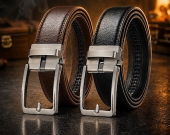 Men's Leather Ratchet Belt – Automatic Buckle, Adjustable No Holes Dress Belt