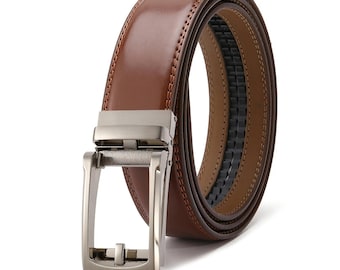 Men's Ratchet Leather Belt – Genuine Cowhide Automatic Buckle, Adjustable No Holes Dress Belt