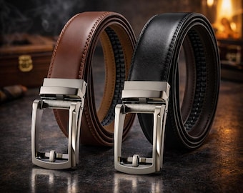 Men's Ratchet Leather Belt – Genuine Cowhide Automatic Buckle, Adjustable No Holes Dress Belt