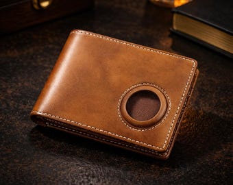 Slim Genuine Leather AirTag Wallet – RFID Blocking Minimalist Bifold Card Holder
