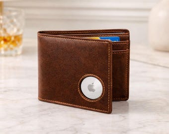 Genuine Leather Trifold Wallet with AirTag Holder – RFID Blocking Slim Card Holder