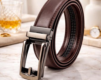 Genuine Leather Men's Ratchet Belt – Automatic Buckle, Adjustable No Holes Dress Belt
