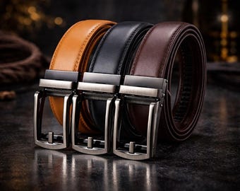 Men's Genuine Leather Ratchet Belt – Automatic Buckle, Adjustable No Holes Dress Belt
