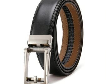 Men's Ratchet Leather Belt – Genuine Cowhide Automatic Buckle, Adjustable No Holes Dress Belt