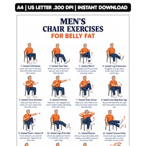 May include: A digital poster titled MEN'S CHAIR EXERCISES FOR BELLY FAT, featuring twelve illustrations of a person in an orange shirt and blue pants performing seated exercises on a gray chair, with instructions for each movement.