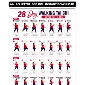 Könnte beinhalten: Ein digitales Poster mit dem Titel 28 Day Walking Tai Chi for Weight Loss, das 28 nummerierte Illustrationen einer Person in rotem T-Shirt und schwarzer Leggings bei verschiedenen Bewegungen zeigt, unterteilt in vier Wochenabschnitte mit Text.