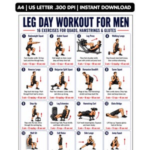 Leg Day Workout for Men Printable |16 Leg Exercises Chart PDF |Quads Hamstrings Glutes Poster | Home Gym Wall Art | Push Pull Legs
