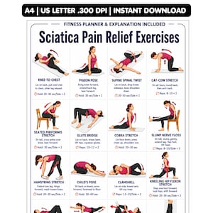 Sciatica Pain Relief Exercises Poster, Lower Back & Sciatic Nerve Stretch Routine, Printable Mobility Workout Chart PDF Digital Download