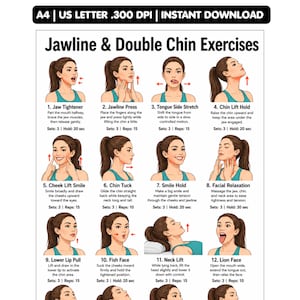 May include: A digital instructional poster titled Jawline & Double Chin Exercises featuring twelve numbered illustrations of a person demonstrating facial movements with text descriptions, set counts, and hold times for each specific exercise.