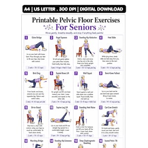 Printable Pelvic Floor Exercises for Seniors, 16 Kegel Exercise Chart for Bladder Control, Core Strength, Senior Fitness PDF Download